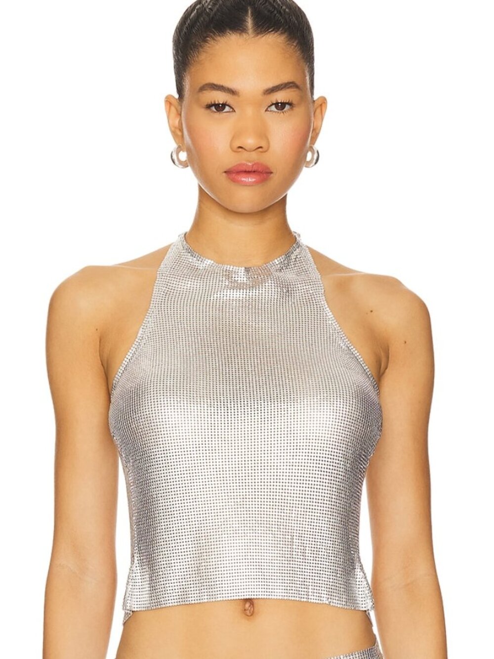 OW Collection Gemma Top in Silver metallic chain mail crop tank backless